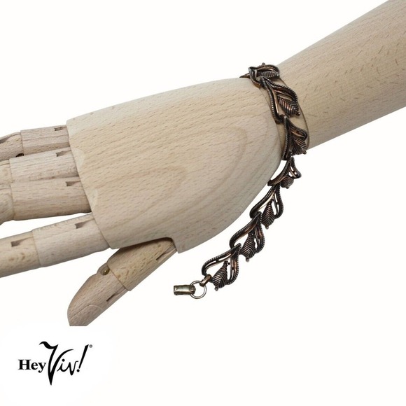 Vintage Signed Star Copper Color Metal Textured Leaf Bracelet 7 1/2" - Hey Viv - Picture 4 of 6